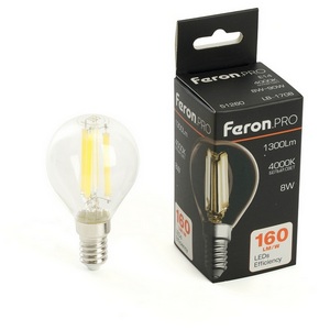 Лампа светодиодная филамент G45 шар 8W 175-265V E14 4000К Feron LB-1708 51260
