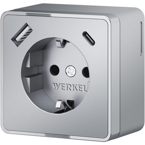Розетка накладная с заземлением,шторками и USB Type A+С (серебряный) Werkel W5071706 (a057701)