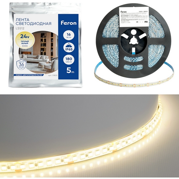 Светодиодная LED лента 180SMD(2835)/м 16Вт/м 24V 3000К IP65 Feron LS512 51825  фото